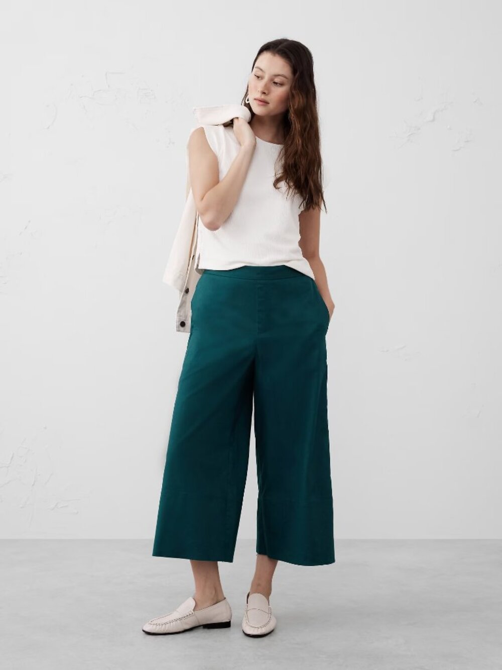 NEW Banana Republic Wide-Leg High-Rise Linen-Blend Cropped Pants S Small Teal